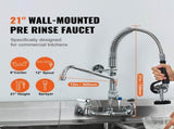 Commercial Faucet with Pre-Rinse Sprayer, 21" Height, 8" Center, 12" Swing Spout, Wall Mount Kitchen V952-BGSYCXSLTBGS9X3ACV0