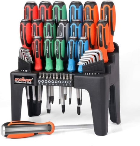 44-Piece Impact Screwdriver Set with Magnetic Bits, High Torque Hex Keys and Rack with Color Grip V465-97393