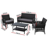 Gardeon 4PCS OutdoorSofa Set with Storage Cover Wicker Harp Chair Table Black ODF-RATTAN-HARP-BK-AB-COVER