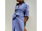Women'S Shirt Dress Casual Lapel 3/4 Sleeve Button-Down Collar Slit Tie Resort Maxi Dress Brown M V1370-AZ4-10412