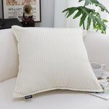 SOGA 2X 50cm Beige Throw Pillow Warm Wabi-sabi Striped Corduroy Square For Home Decor FRENCHCUSHION344X2