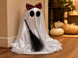 Halloween Ghost Figurine with Bow and Broom, Cloth Handcrafted Ornament, Spooky Cute Decor, Compact V1369-AZ3-W-12330