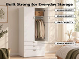 Artiss Wardrobe Cabinet Bedroom Clothes Storage Organiser Cupboard 3 Drawers Shelf Hanging Rod FUR-V-WR02-WH-AB