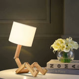 Creative Robot Desk Lamp, Adjustable Can Place Books Wooden Bedside Lamp with Fabric Lampshade E27 V1188-YG516-05455-1
