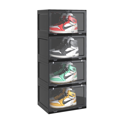 SOGA 4 Tier Black Portable Shoe Organiser Sneaker Footwear Folding Plastic Bin Stackable Storage Box SHOEA8004BLK