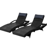 Gardeon 2x Sun Lounge Wicker Lounger Outdoor Furniture Beach Chair Armrest Adjustable Black FF-LOUNGE-ARM-P-BKX2