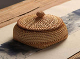 Round Rattan Basket Box with Lid Hand Woven Wicker Storage Bin Organizer Decorative Picnic Food V1366-AZ2-W-16595