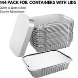 144x Aluminium Disposable Foil Food Container Trays Pans w/ Lids Covers Bulk 20x11x5cm V563-AF2011-6L-24PK