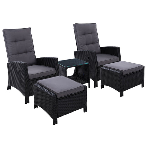 Gardeon 5PC Recliner Chairs Table Sun lounge Wicker Outdoor Furniture Adjustable Black ODF-RECLINER-CHOTTB-5BK