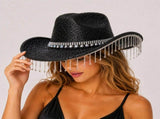 Black Rhinestone Fringe Cowboy Hat - Sparkling Western Party Hat with Round Gemstone Band and V888-ELOSUNG57115-6