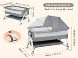 3-in-1 Adjustable Height Baby Bassinet Crib with Mosquito Net and Storage Basket in Grey V178-59240