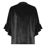 Women's Velvet Flare Sleeve Top, V Neck Button Detail Three Quarter Sleeve Blouse, Luxe Pullover for V1192-AZ-W-24017