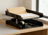 2 Tier Desktop File Organizer, Black Stackable Letter Tray and Supplies Holder for Home V1237-MS-724-064