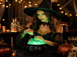 Witch Cauldron Decoration with Skeleton Figure, Glowing Green Bubbling Liquid, Hanging from Black V1369-AZ3-W-12325