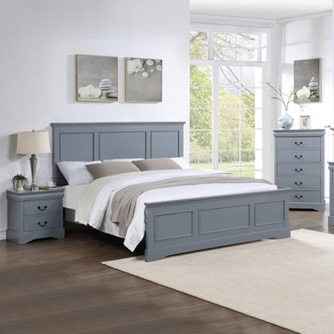 4 Pieces Bedroom Suite in Solid Wood & MDF Queen Size Grey Colour Bed, Bedside Table & Tallboy V43-BDS-SPNC-4PC-TBY-Q