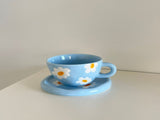 Ceramic Coffee Mug, White and Blue Floral Handpainted Stoneware Tea Cup with Handles, Microwave, V1370-AZ4-06311
