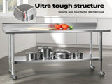 Cefito Stainless Steel Kitchen Bench w/ Splashback 1500x600MM 430 SSKB-430S-WHEEL-59H