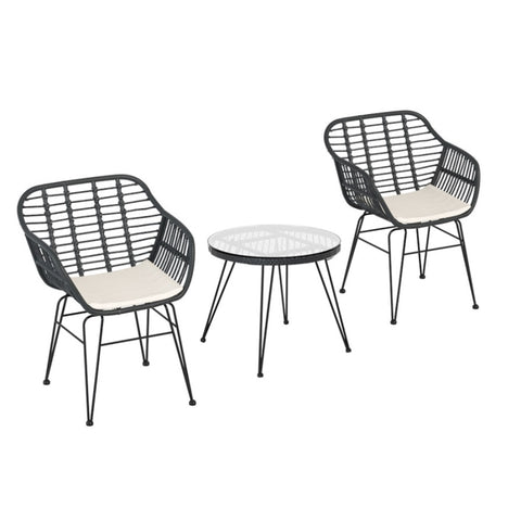 Gardeon 3PC Outdoor Furniture Bistro Set Lounge Setting Table Chairs Cushion Patio Grey ODF-RATTAN-3PCS-GE