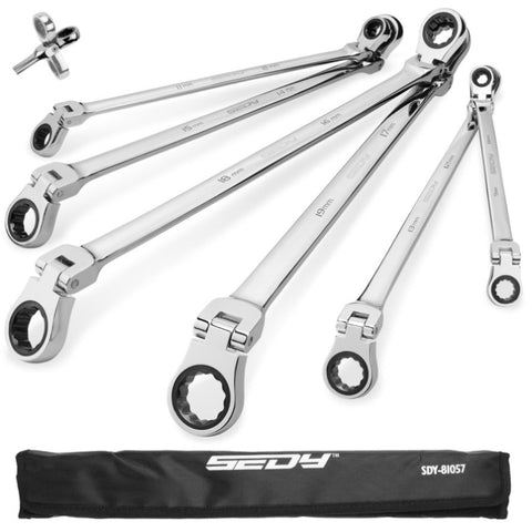 SEDY 6Pcs Extra Long Flex-Head Ratchet Spanner Set Double Box End Spanner 8-19mm V465-81057