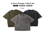 3 Pack 230gsm Heavyweight Washed Vintage Cotton TShirt Unisex Tops Wonderful Christmas Gift Black V1221-XM-LB5381-ZS186