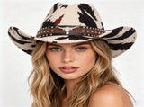 Beige Cow Print Western Cowboy Hat - Retro Cattle Head Studded Band, 57cm Head Fit, Wide Brim V888-ELOSUNG57120-2