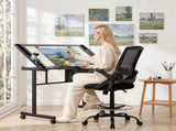 Artiss Drawing Table with Ergonomic Office Chair, Drafting Tables with Tempered Glass Desktop, DRAW-DESK03-SI-RING-2003