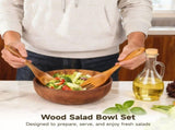 Acacia Wood Salad Bowl Set, Large Wooden Salad Bowl with Serving Utensils, 9.33" Bowl, 10.23" Spoon V1369-AZ3-W-08760