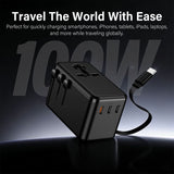 100W Universal Travel Adapter, GaN International Power Adapter with Retractable USB-C Cable, 3 USB-C V1274-100WGAN