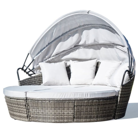 LONDON RATTAN 3PC Outdoor Daybed Patio Rattan Sofa Sun Lounge Furniture Grey Wicker Off White Canopy V219-FURODRLONADBG4