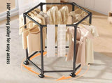 Black 360&deg Rotating Hexagonal Clothes Drying Rack with Wheels & Drying Net - Foldable Carbon Steel V888-ELOSUNG55635