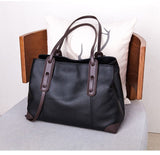 Top-Grain Leather Contrast Tote Large Capacity Commuter Shoulder & Handbag, Fabric Lining. V1232-ZPDJB-002