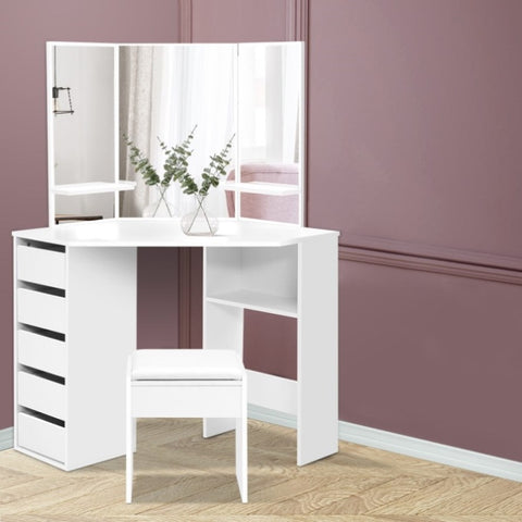 Artiss Dressing Table Stool Set Corner 5 Drawers White FURNI-L-DRESS01-WH-AB