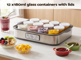Devanti Yoghurt Maker Machine with 12x180ml Glass Cups Temp Control Grey YMK-12X6OZ-GR