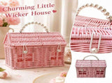 House Shaped Plastic Rattan Wicker Storage Basket with Lid & Pearl Handle, Decorative Woven V1369-AZ3-W-24174