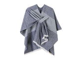 Fresh Styling Faux Cashmere Poncho, Clear Striped Trim Tie Dye Motif, Soft Blue V1221-XM-LB2161-ZS57