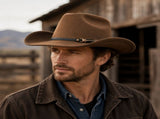 Western Cowboy Hat - Brown Wide Brim Cowboy Hat with Leather-Look Band, Metal Rivet and Square V888-ELOSUNG57114-4