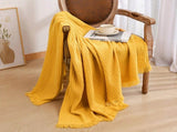 130*230CM Bright Yellow Nordic Solid Color Knitted Sofa Throw Blanket with Tassels - Waffle Weave V888-ELOSUNG17042