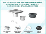 15x15cm Square Shower Drain with Removable Tile Insert Grate Stainless steel 304SS, CUPC Certified V63-955521