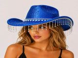 Blue Rhinestone Fringe Cowboy Hat - Sparkling Western Party Hat with Round Gemstone Band and Crystal V888-ELOSUNG57115-5