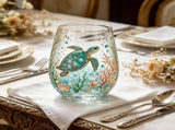 Hand Painted Sea Turtle Stemless Wine Glass, Gold Rim Underwater Marine Decor Tumbler Cup for Water V1369-AZ3-W-14742