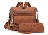 Sheepskin Brown Women's Retro PU Leather Backpack - Dual-Color Tassel Design, Winter High-End Style V888-ELOSUNG33186