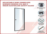 Adjustable Semi Frameless Shower Screen x 195cm Australian Safety Glass V63-824451