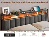 Queen Bed Frame with 2 Storage Drawers and LED Lights Headboard, Upholstered Bed Frame with Charging V1127-AU-2452QN-GRY