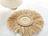 Boho Handmade Woven Straw Wall Decor Moroccan Wood Beads Wall Hanging Ornament Round Home Decoration V1370-AZ4-03970