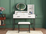 White Black Dressing Table Stool Set with LED Lights and Charging Station, 80x136cm V178-59322