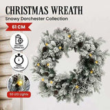 Christabelle 61cm Snowy Christmas Wreath with LED Lights Dorchester Pine Cones Front Door Decor 112_NATSD61