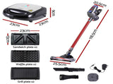 Devanti K7 Cordless Stick Vacuum Cleaner plus 3-in-1 Sandwich Maker VAC-K7-RD-SM-3IN1-BK