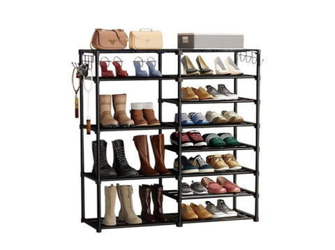 SOGA 12-Shelf Tier Shoe Storage Shelf Space-Saving Caddy Rack Organiser with Side Hooks Black RACK0001