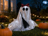 Halloween Ghost Figurine with Bow and Broom, Cloth Handcrafted Ornament, Spooky Cute Decor, Compact V1369-AZ3-W-12330
