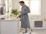 Grey Men's Winter Lounge Bundle Set - Flannel Shawl Collar Robe with 2x White Thick Mid Calf V888-ELOSUNG54515